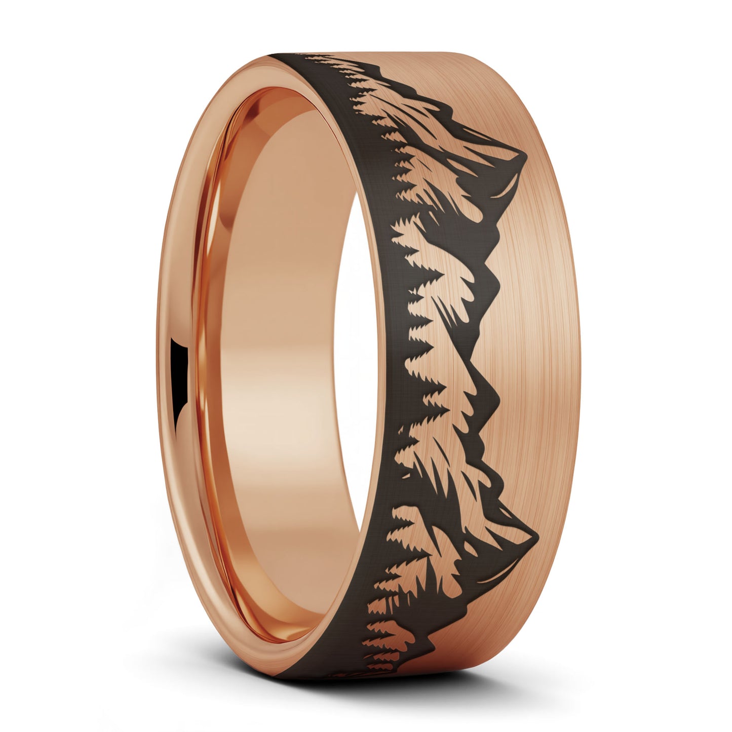A mountain range forest brushed rose gold tungsten men's wedding band displayed on a plain white background.
