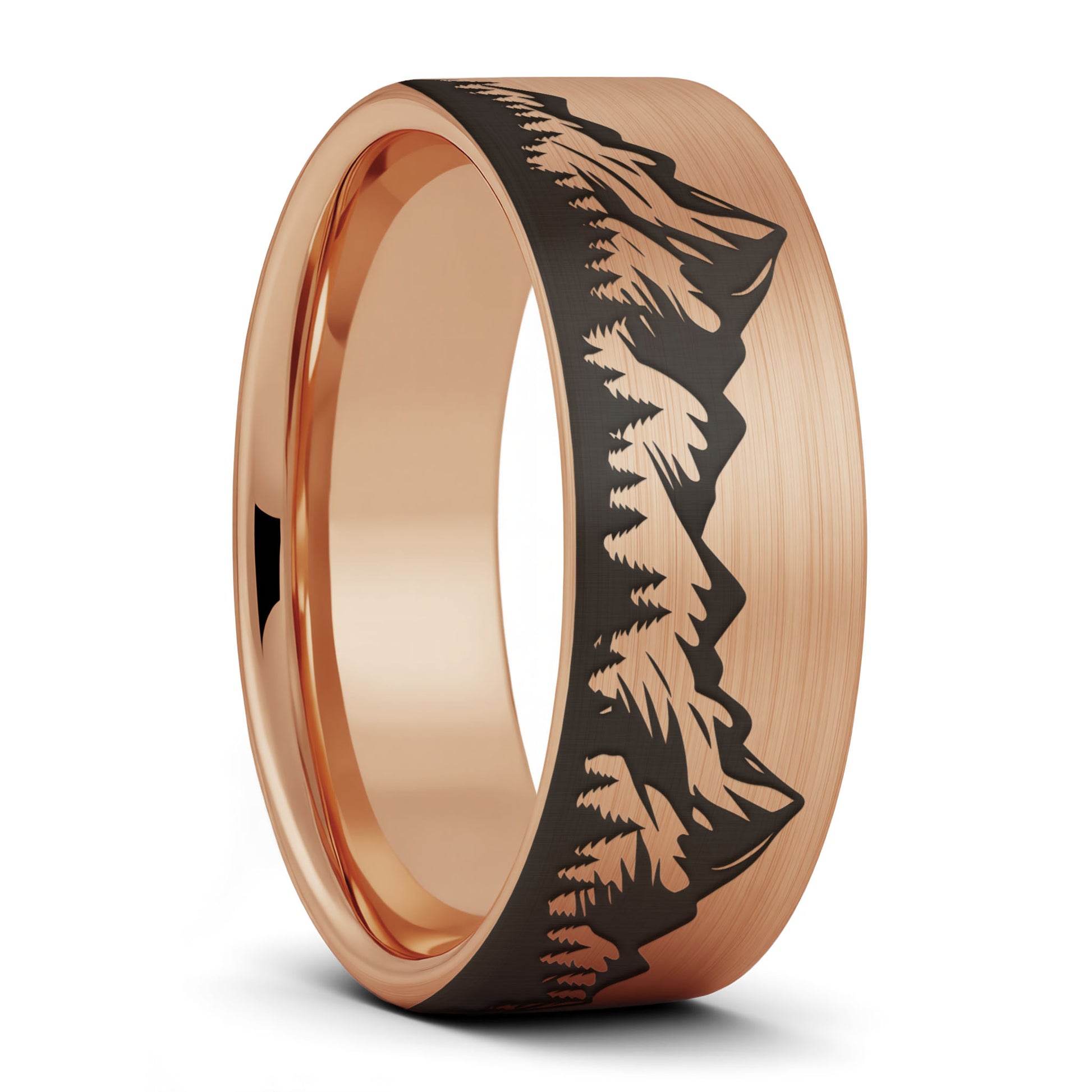 A mountain range forest brushed rose gold tungsten men's wedding band displayed on a plain white background.