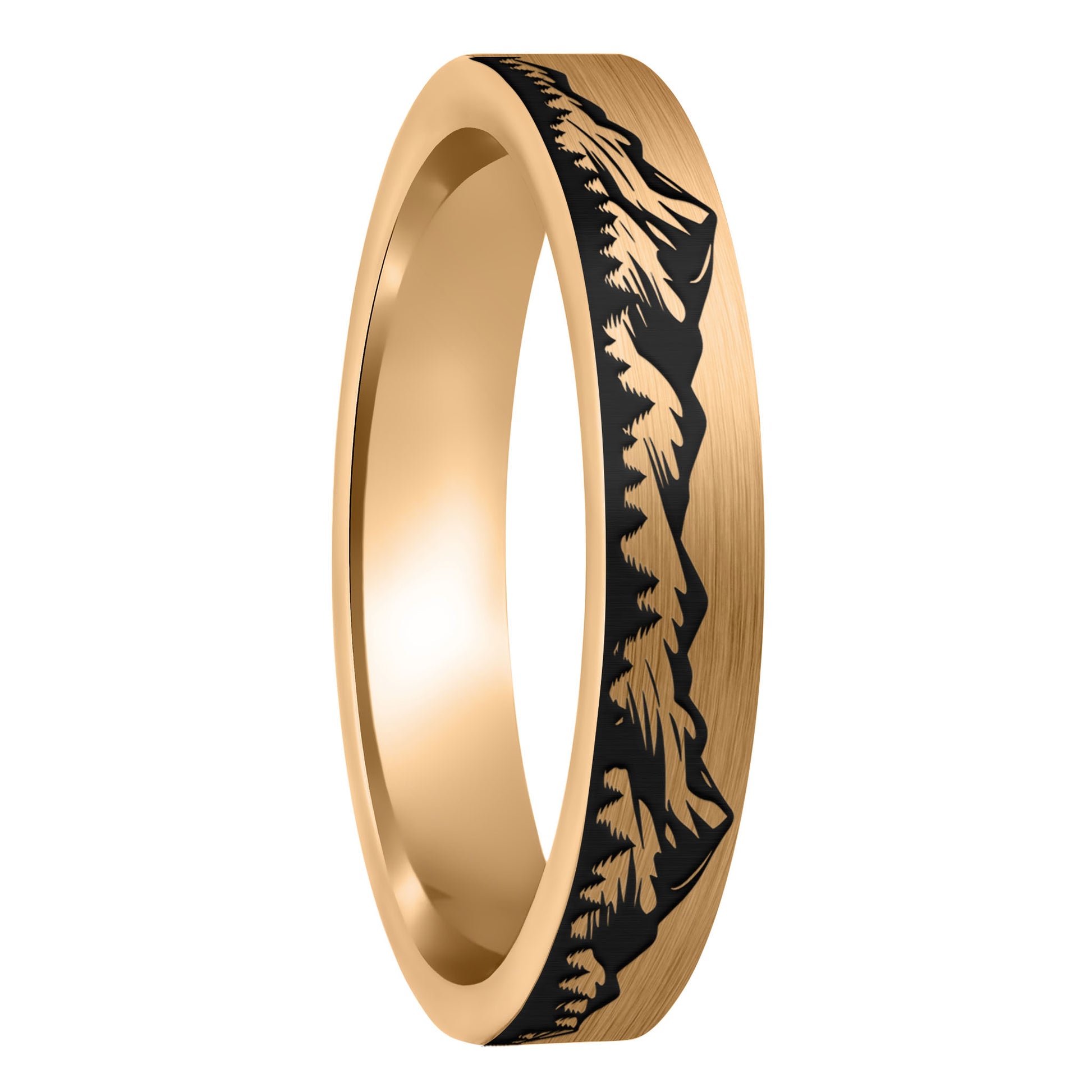 A mountain range forest brushed rose gold tungsten women's wedding band displayed on a plain white background.