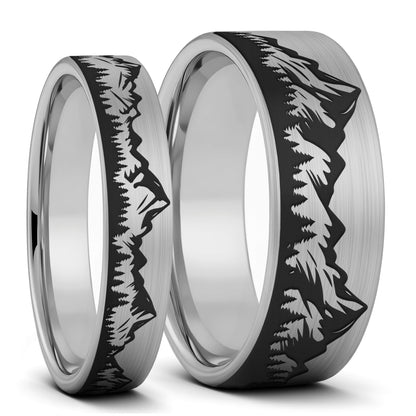 Mountain Range & Forest Brushed Tungsten Couple's Matching Wedding Band Set