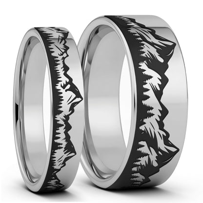 Mountain Range & Forest Tungsten Couple's Matching Wedding Band Set