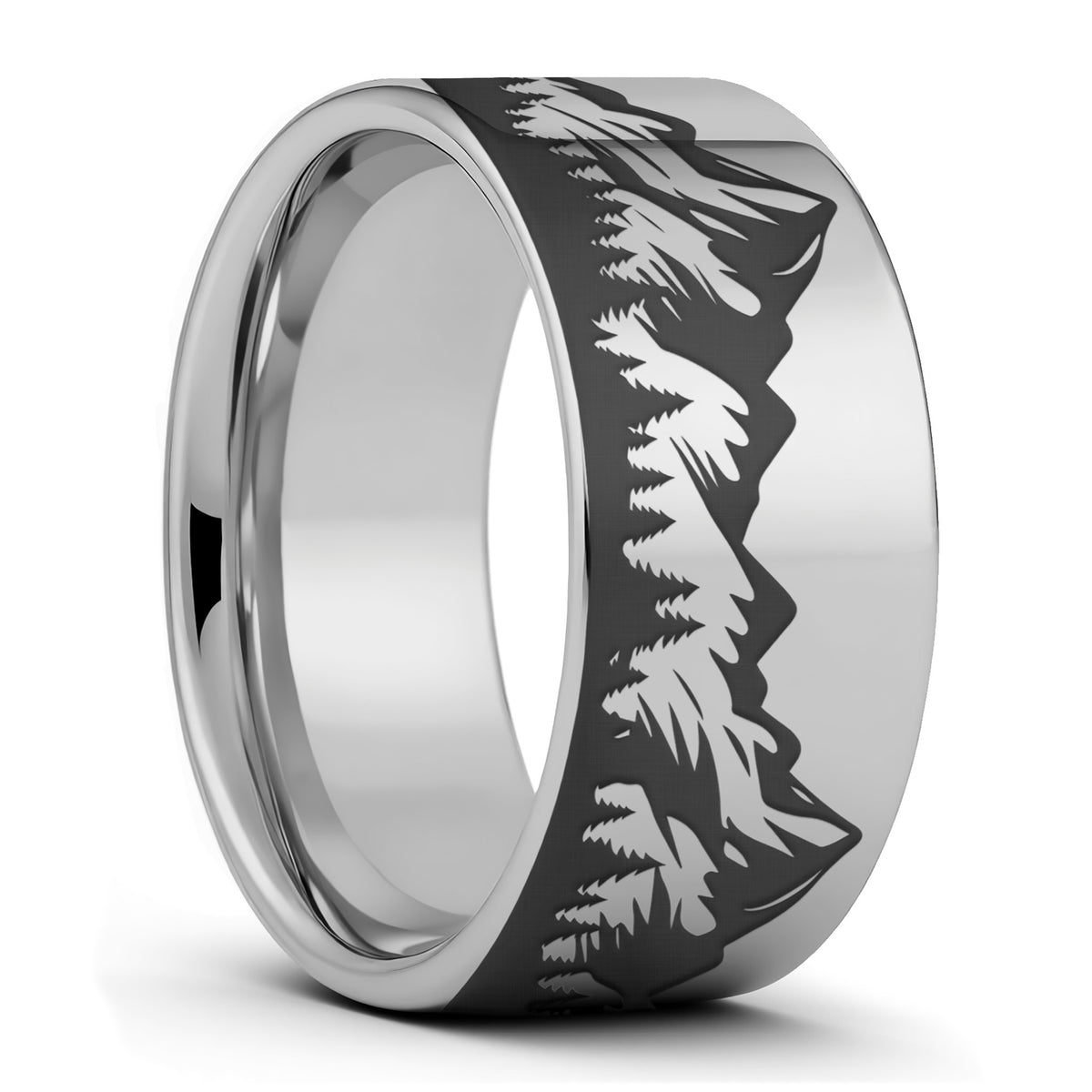 Alliance pour homme en tungstène avec chaîne de montagnes et forêt