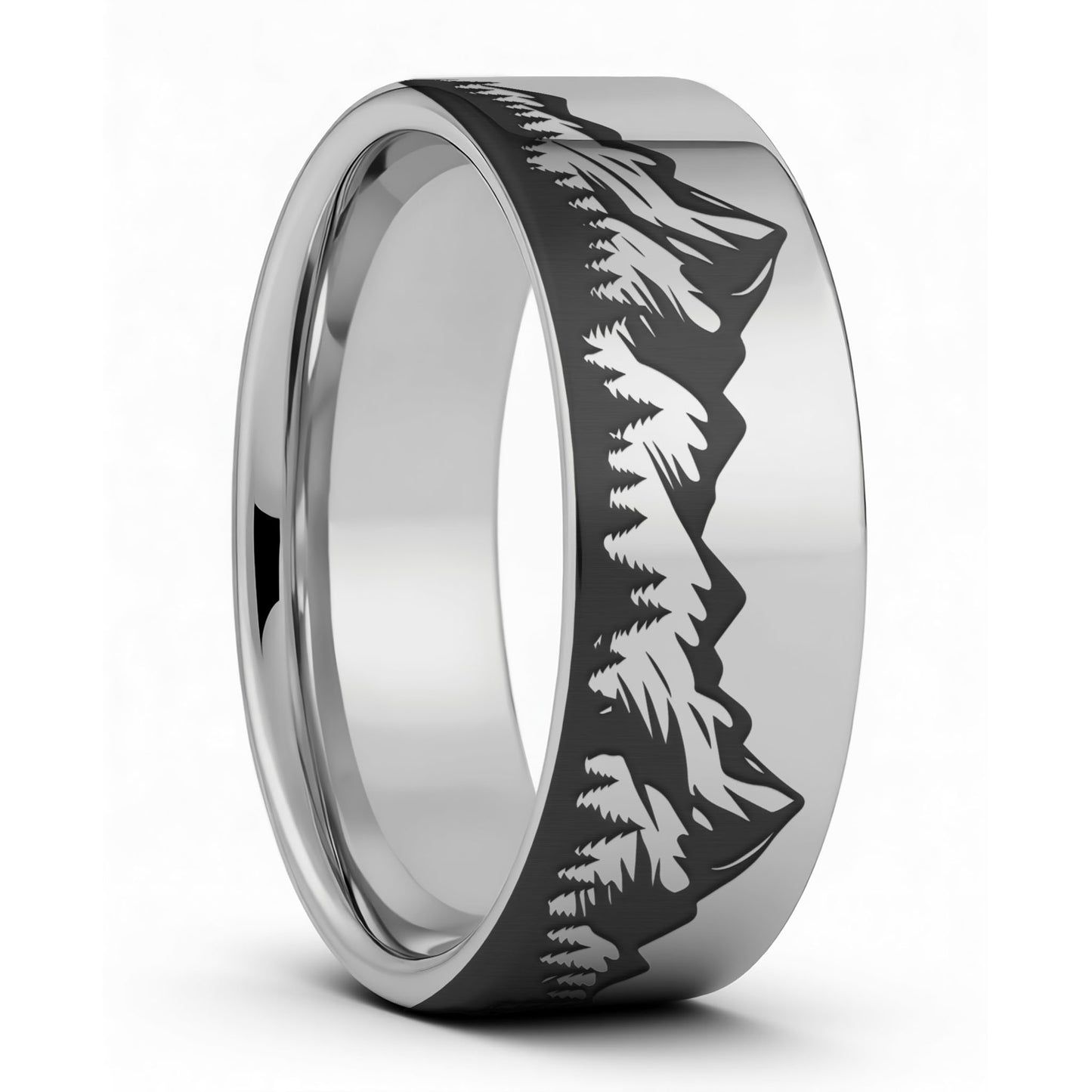 One Mountain Range & Forest Tungsten Men's Wedding Band displayed on a plain white background