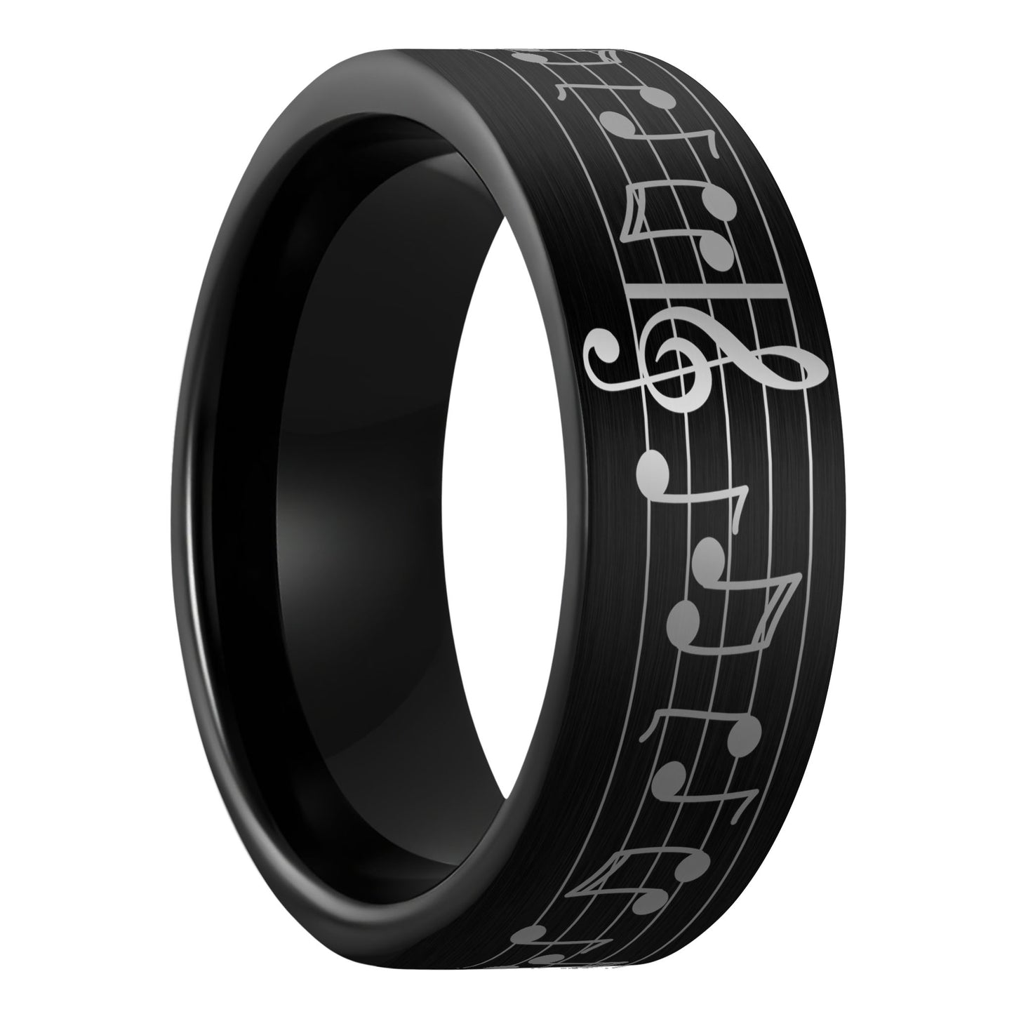 A music notes brushed black tungsten men's wedding band displayed on a plain white background.