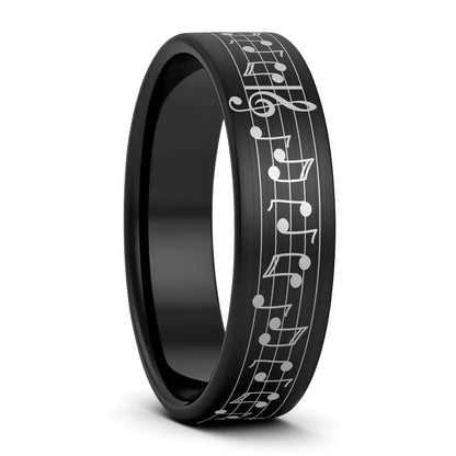 Anillo de tungsteno dorado cepillado con notas musicales y canción personalizada para hombre