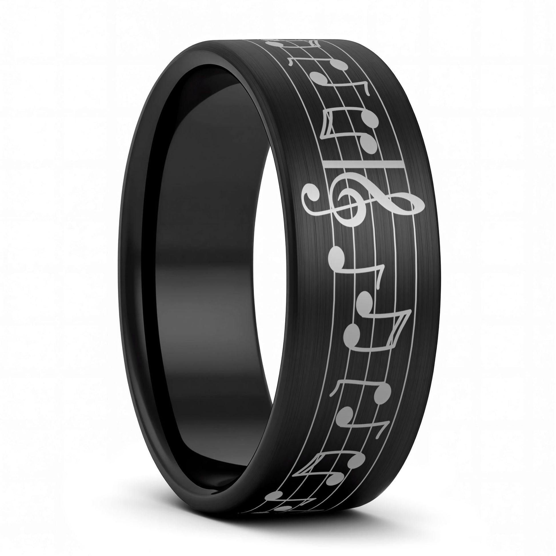 A music notes brushed black tungsten men's wedding band displayed on a plain white background.