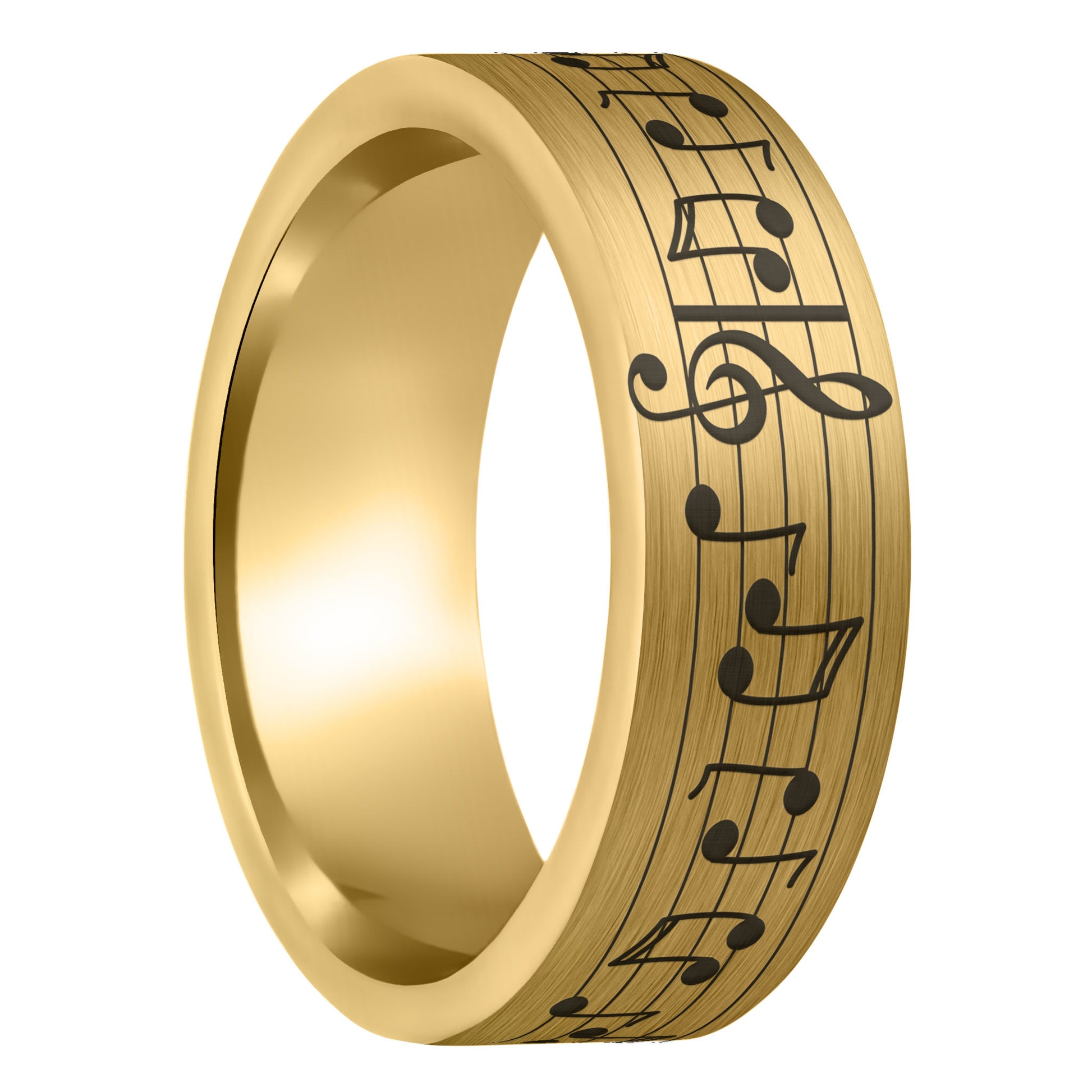 A music notes brushed gold tungsten men's wedding band displayed on a plain white background.