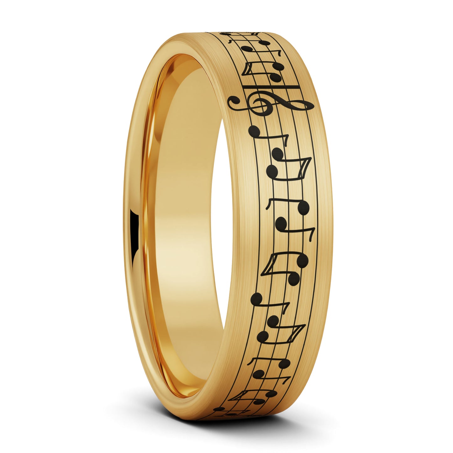 Anillo de tungsteno dorado cepillado con notas musicales y canción personalizada para hombre