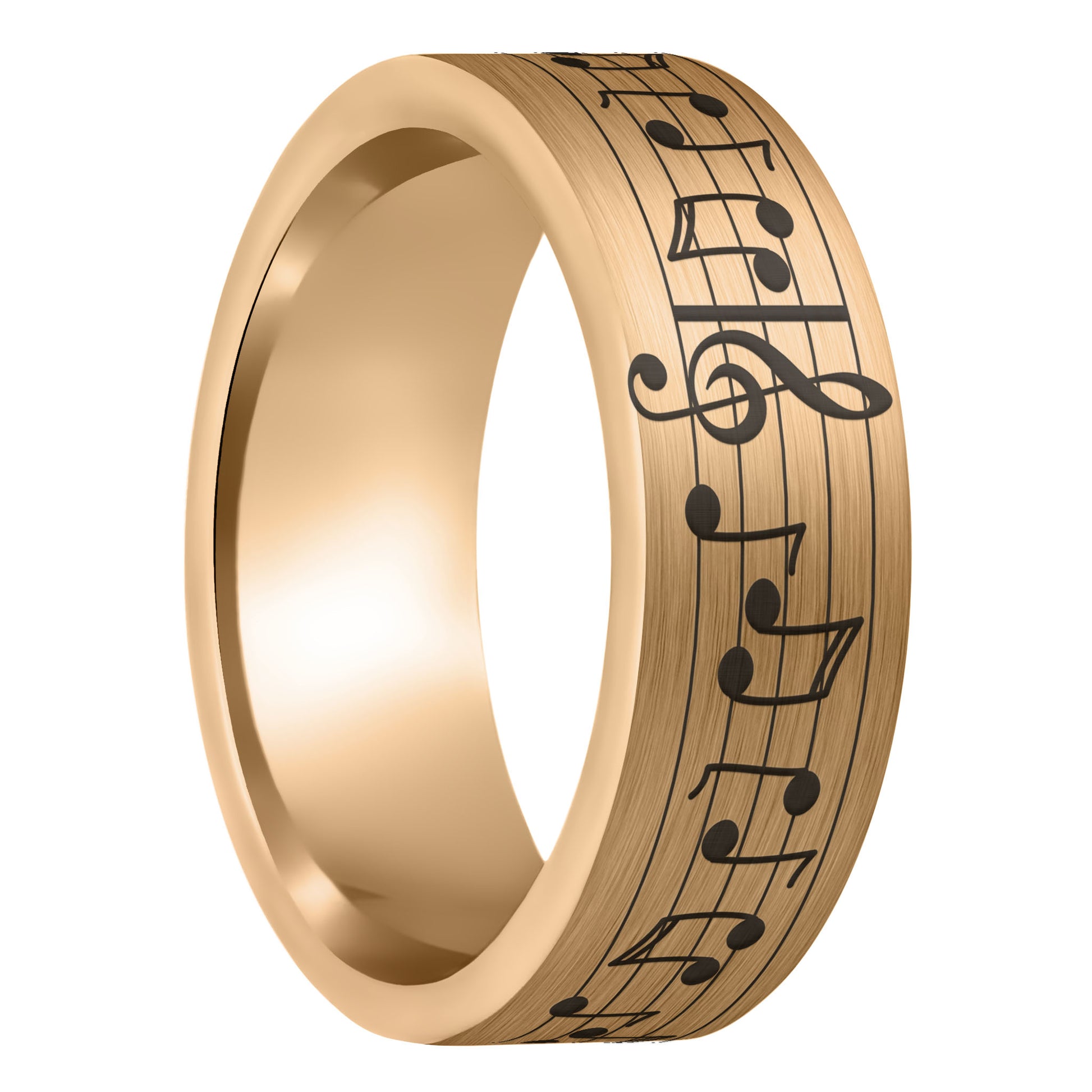 A music notes brushed rose gold tungsten men's wedding band displayed on a plain white background.