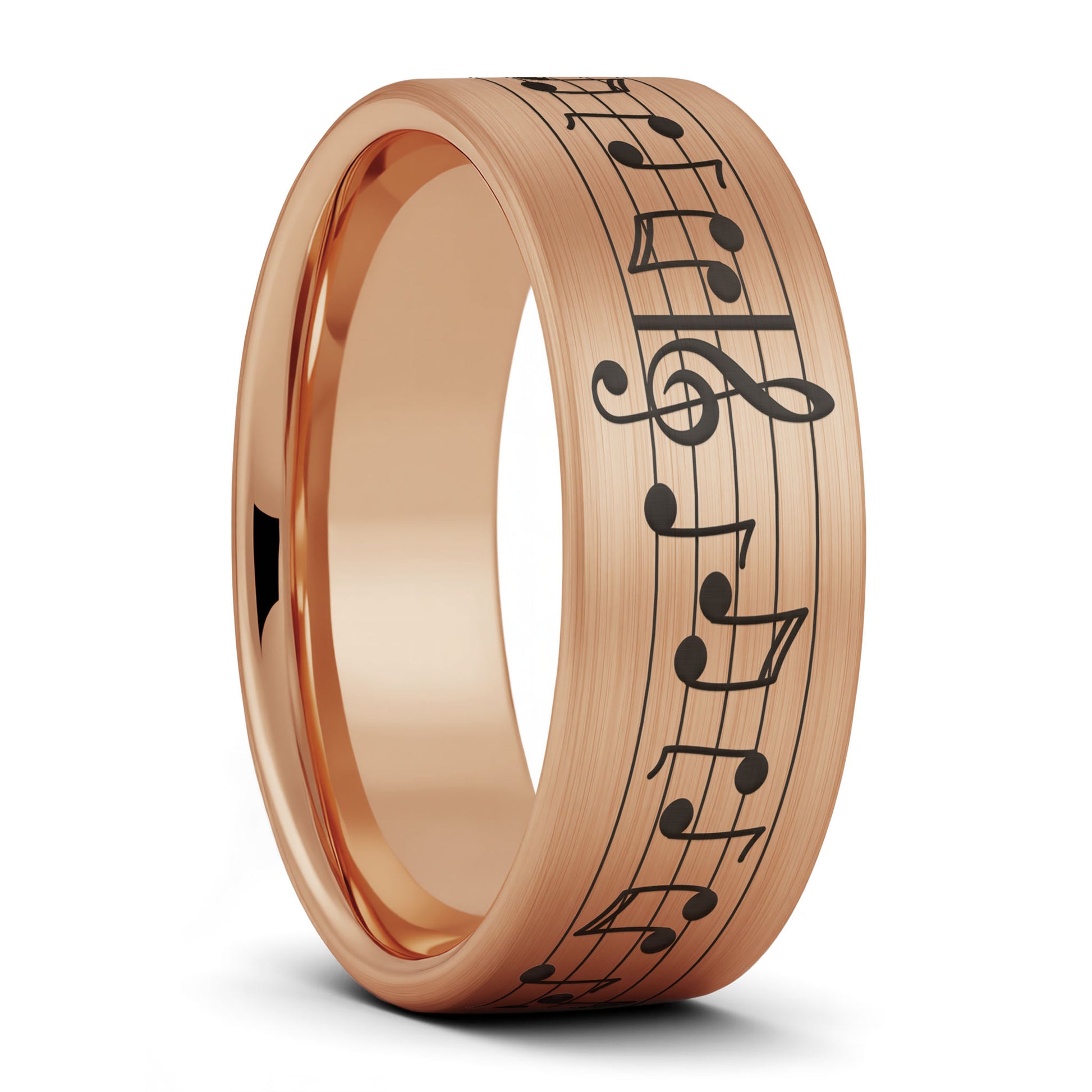 A music notes brushed rose gold tungsten men's wedding band displayed on a plain white background.