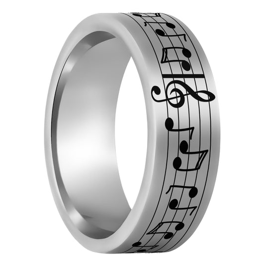 One Music Notes Tungsten Men's Wedding Band displayed on a plain white background