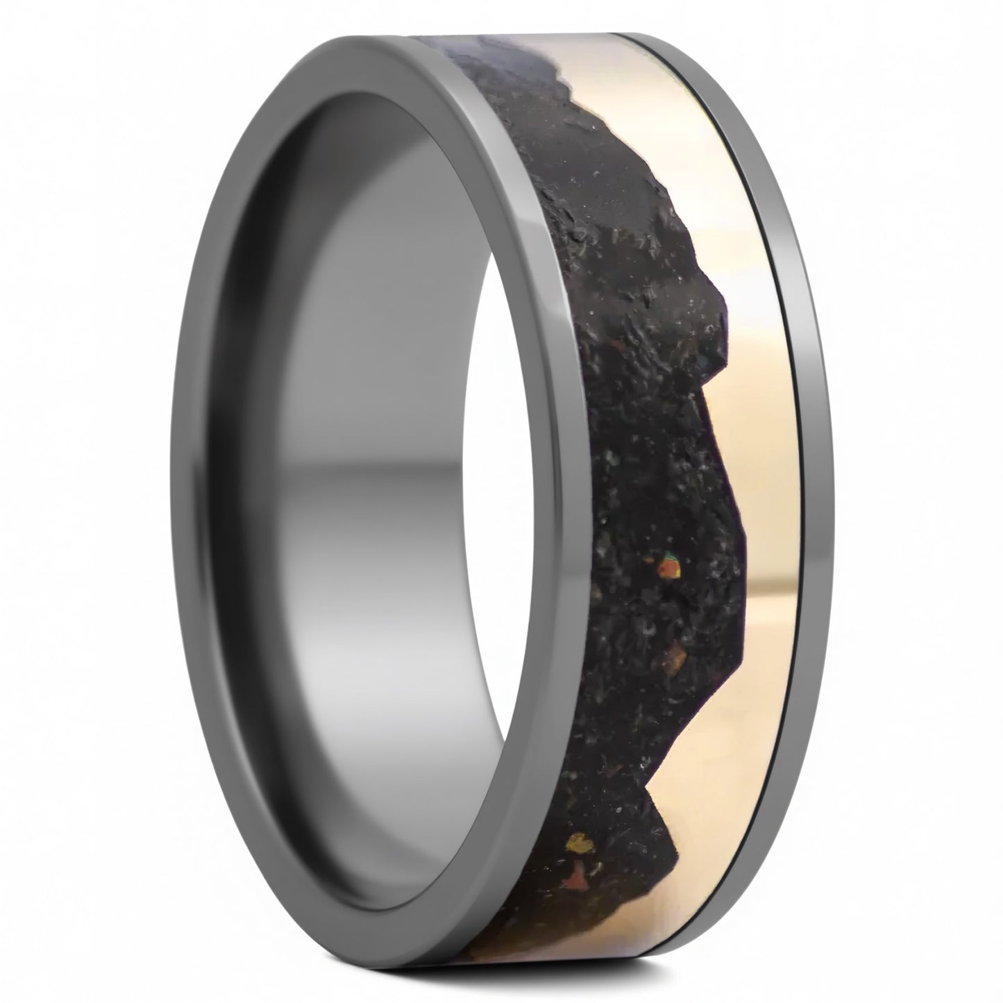 Opal & 14k Gold Mountain Range Inlaid Tantalum Wedding Band