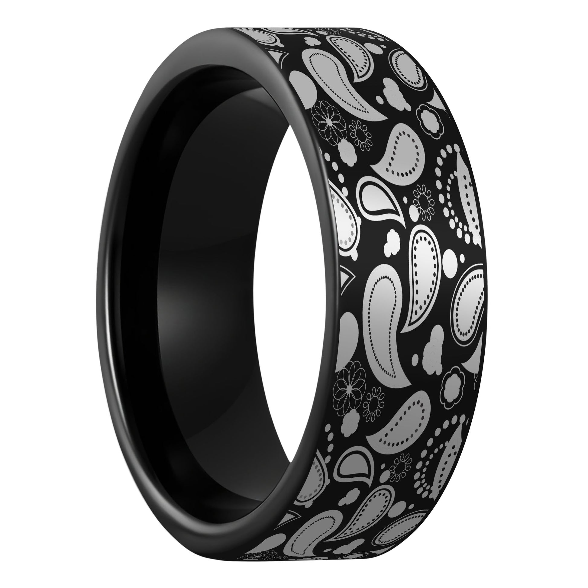 One Paisley Pattern Black Tungsten Men's Wedding Band displayed on a plain white background