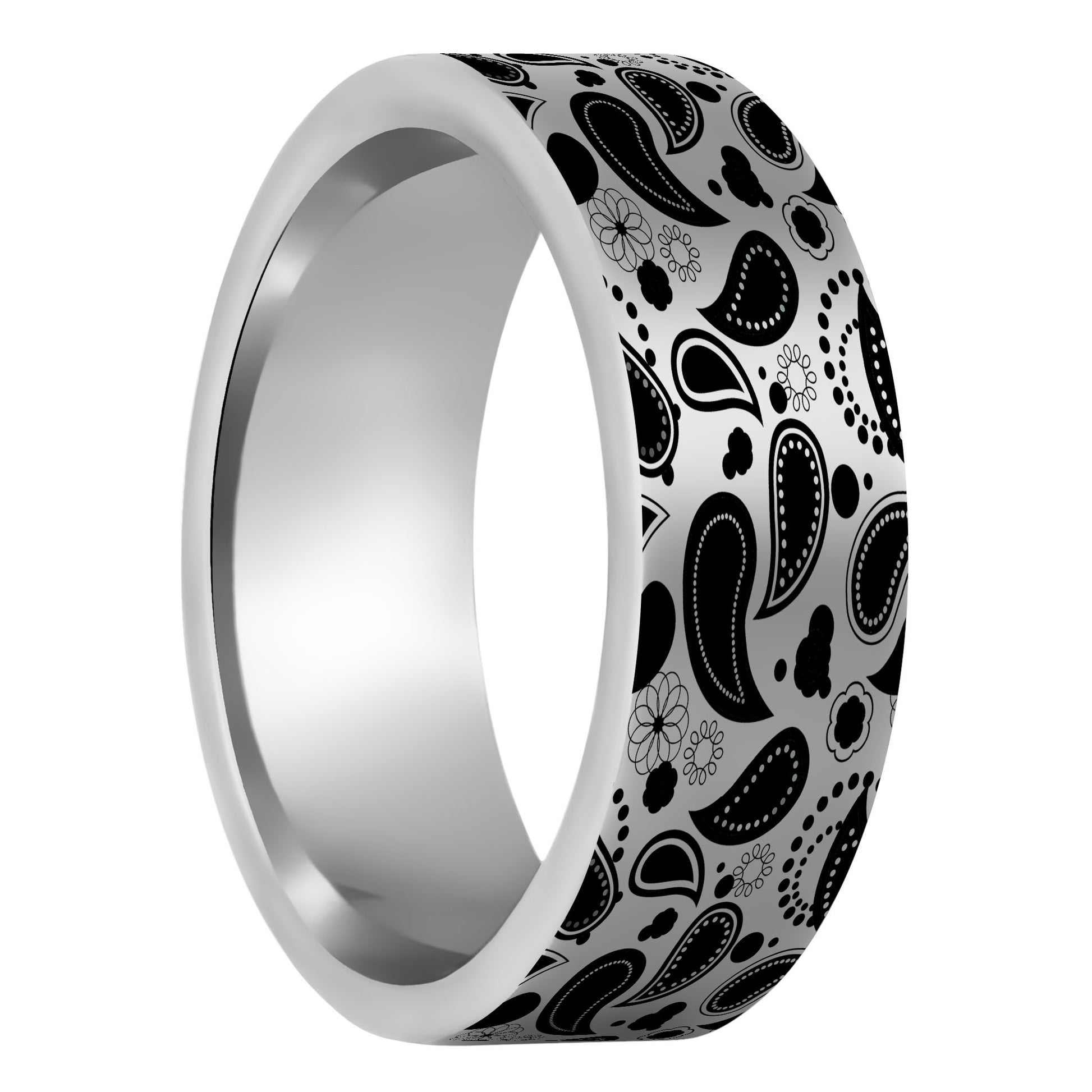 One Paisley Pattern Tungsten Men's Wedding Band displayed on a plain white background