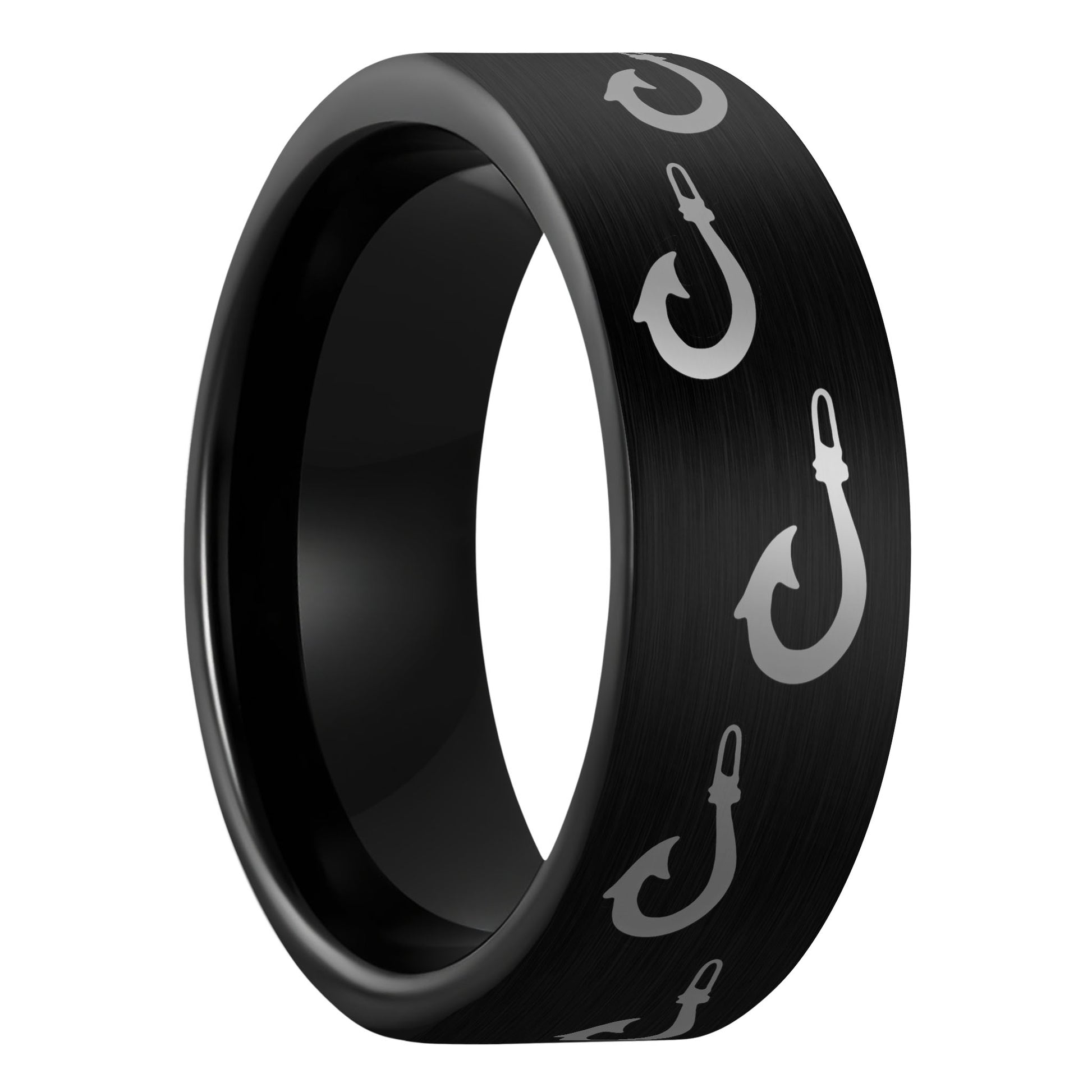 A polynesian fishing hook brushed black tungsten men's wedding band displayed on a plain white background.