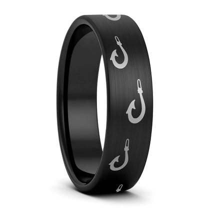 Polynesian Fishing Hook Brushed Tungsten Men's Wedding Band