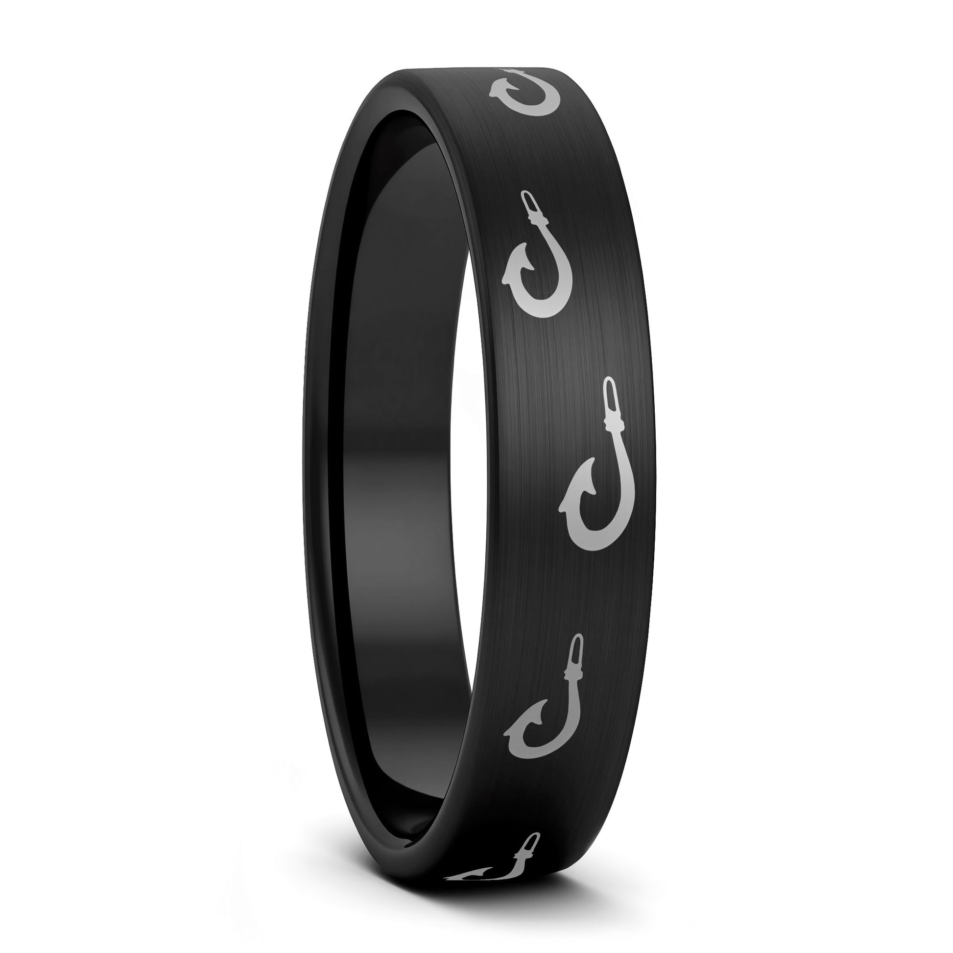 A polynesian fishing hook brushed black tungsten women's wedding band displayed on a plain white background.