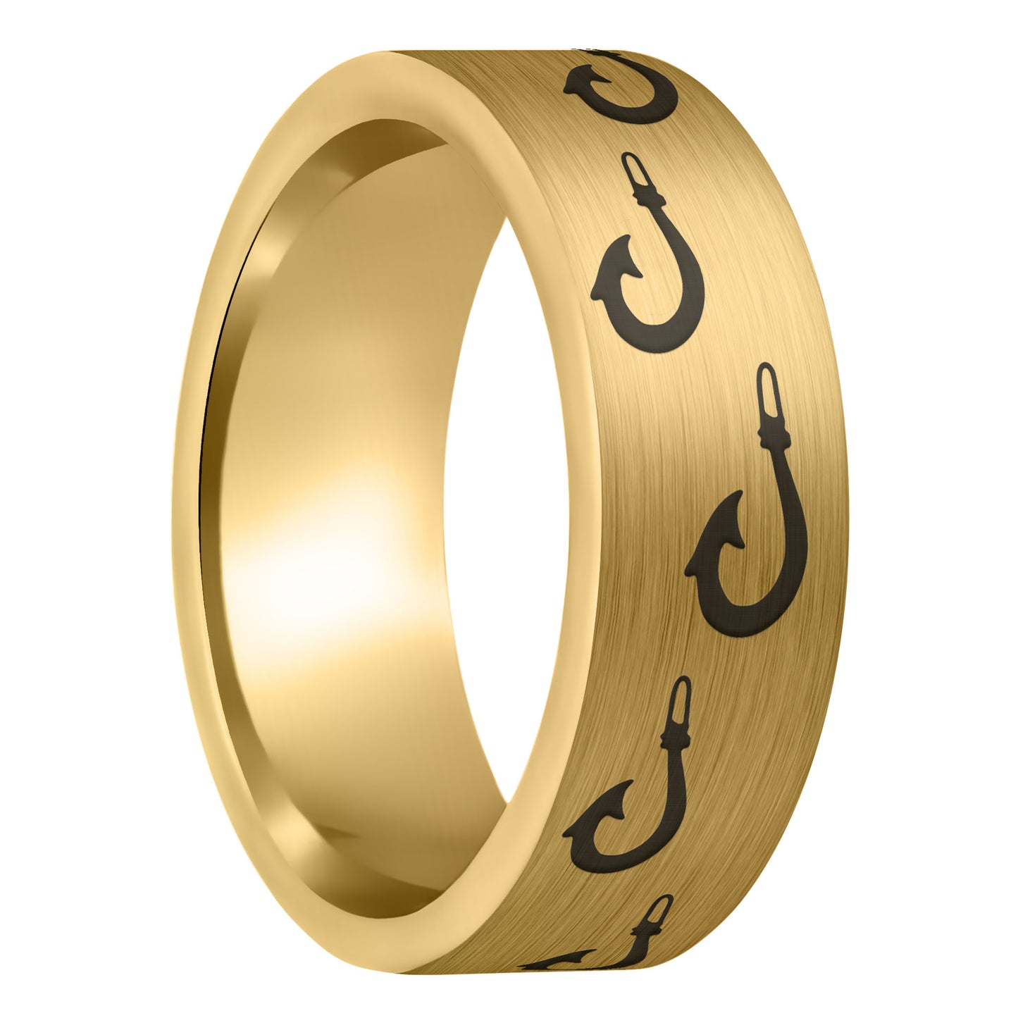 A polynesian fishing hook brushed gold tungsten men's wedding band displayed on a plain white background.