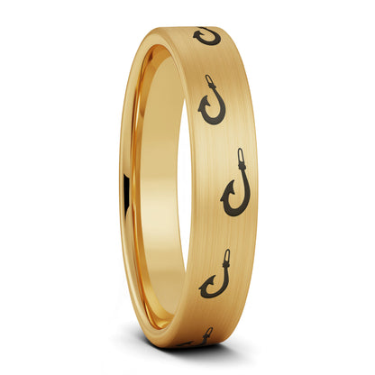 A polynesian fishing hook brushed gold tungsten women's wedding band displayed on a plain white background.