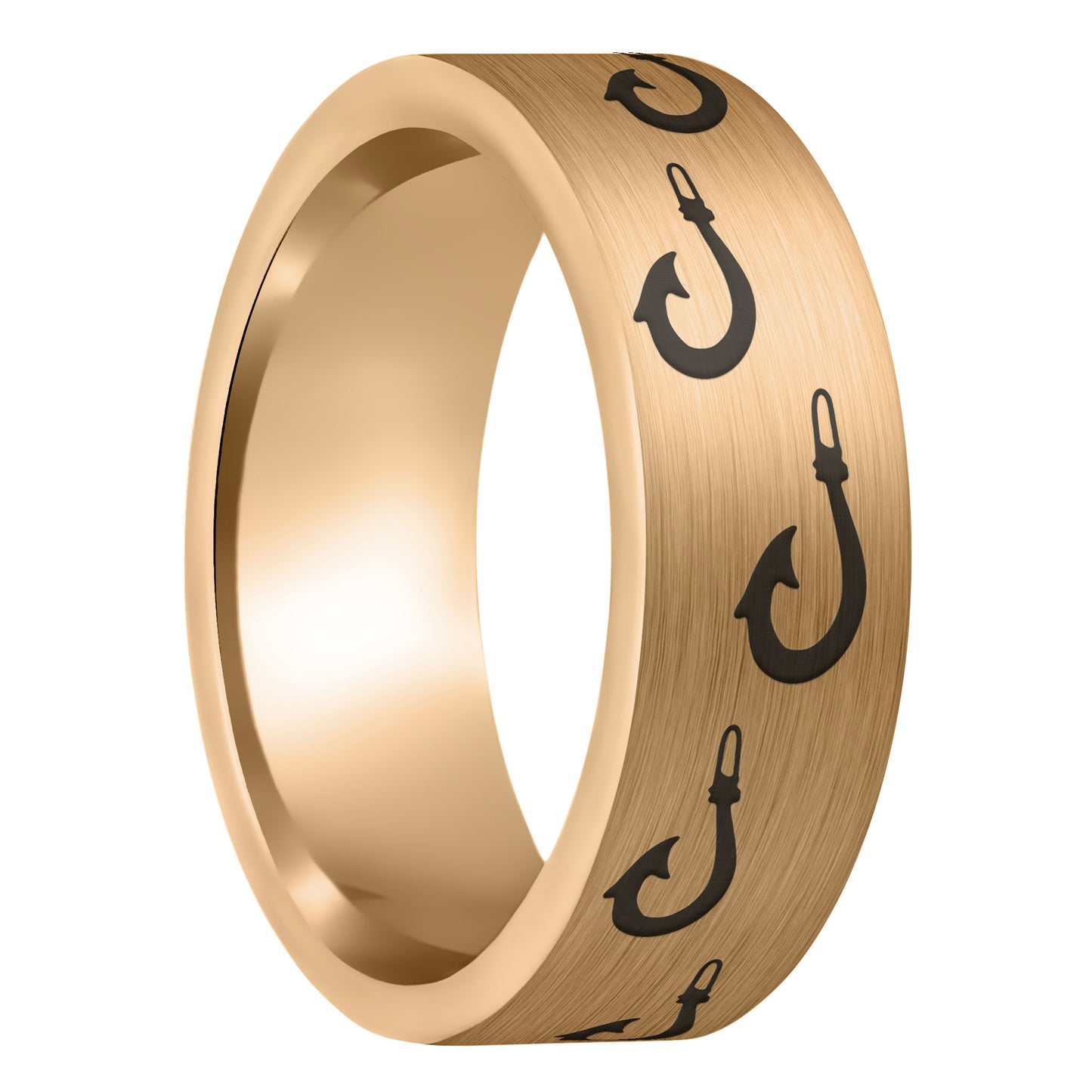 A polynesian fishing hook brushed rose gold tungsten men's wedding band displayed on a plain white background.