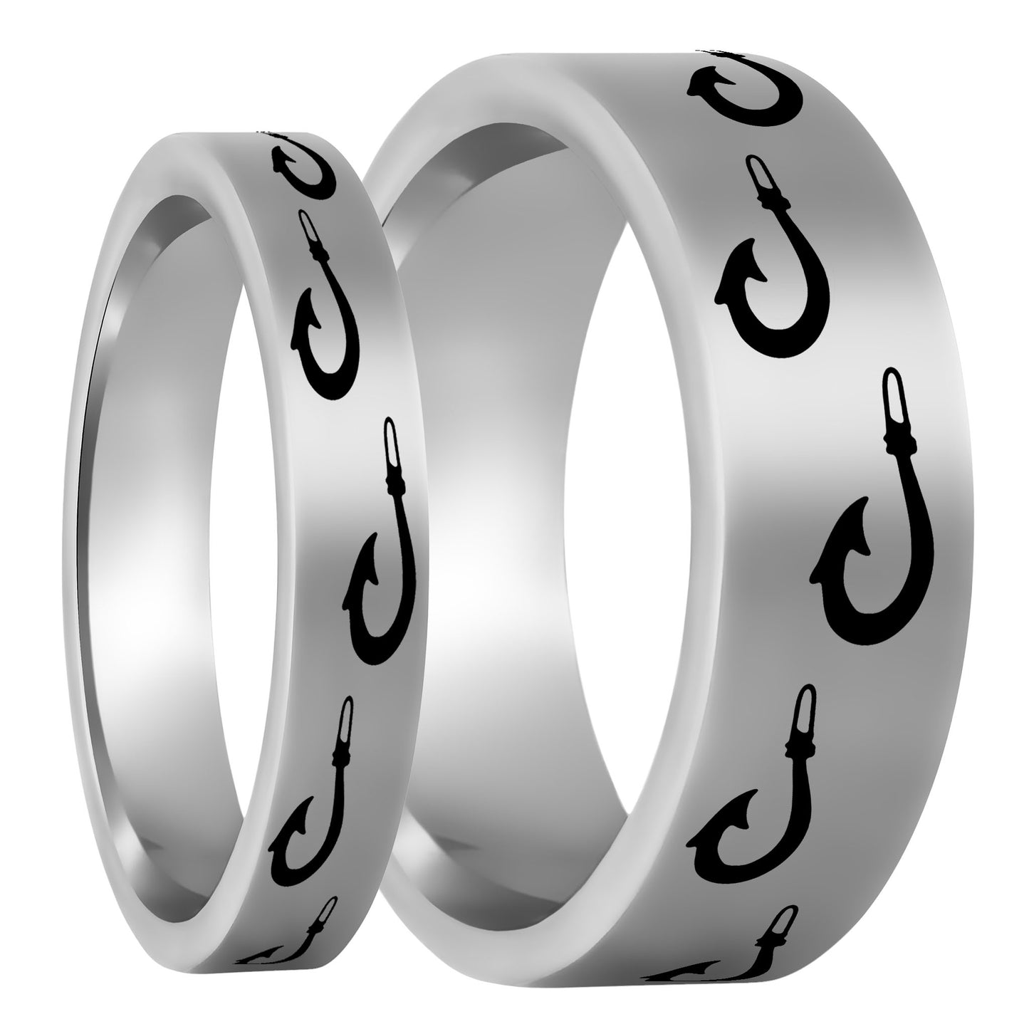 One Polynesian Fishing Hook Tungsten Couple's Matching Wedding Band Set displayed on a plain white background