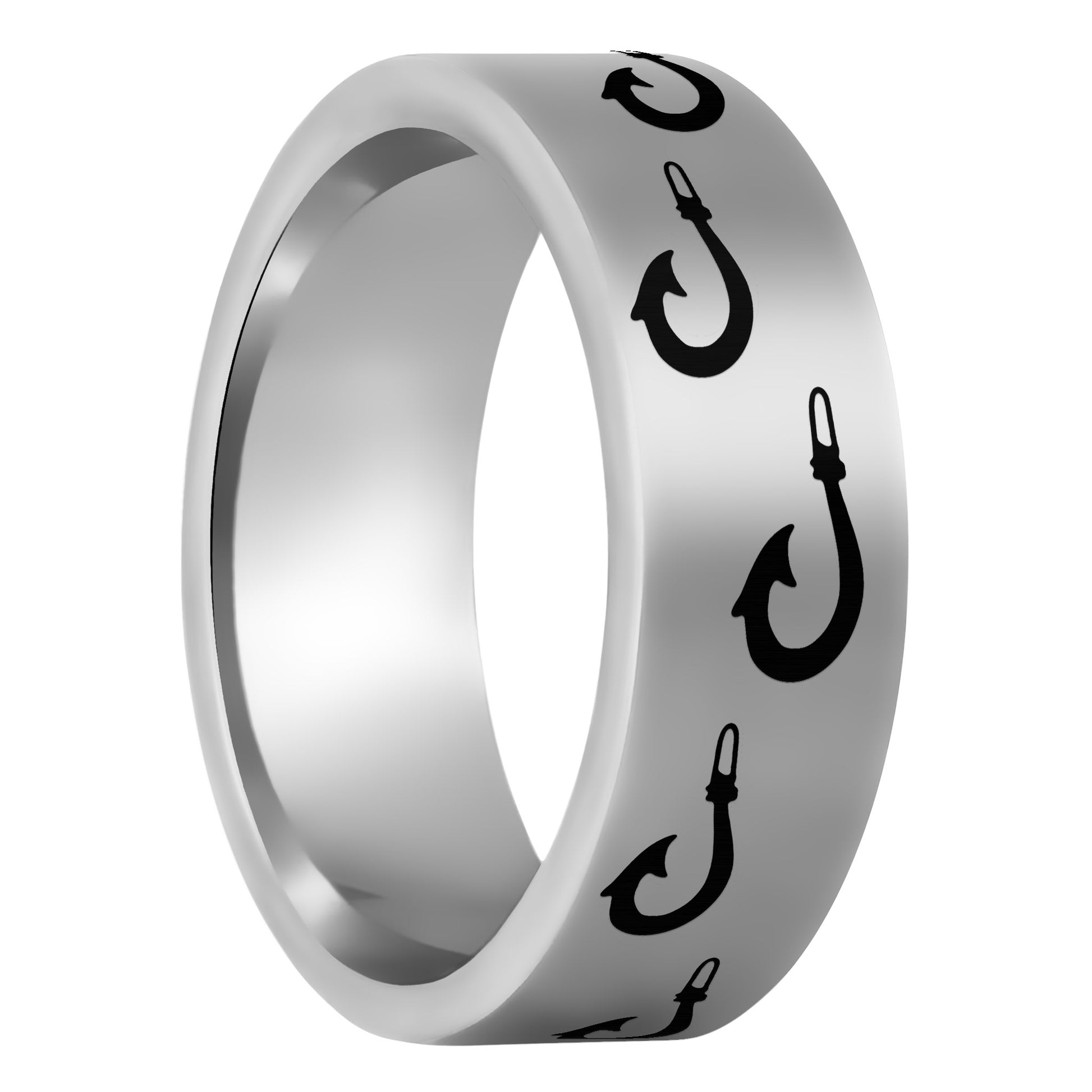 One Polynesian Fishing Hook Tungsten Men's Wedding Band displayed on a plain white background