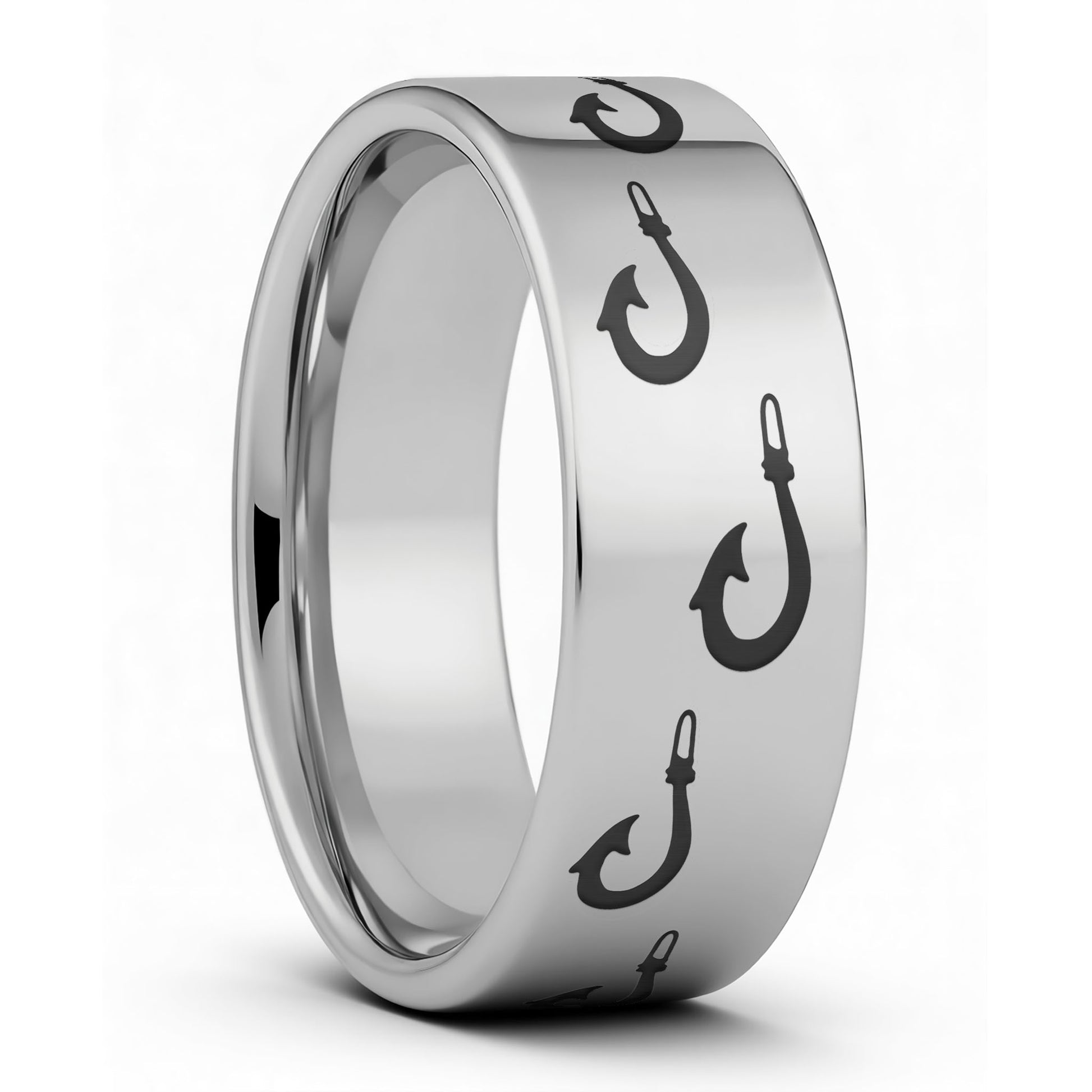 One Polynesian Fishing Hook Tungsten Men's Wedding Band displayed on a plain white background