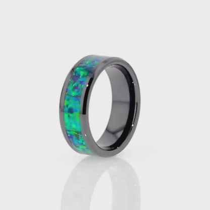 Black Ceramic Women's Wedding Band with Green & Blue Opal Inlay