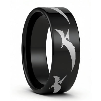 One Pterodactyl Dinosaur Black Tungsten Men's Wedding Band displayed on a plain white background