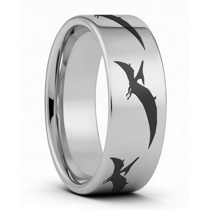 One Pterodactyl Dinosaur Tungsten Men's Wedding Band displayed on a plain white background