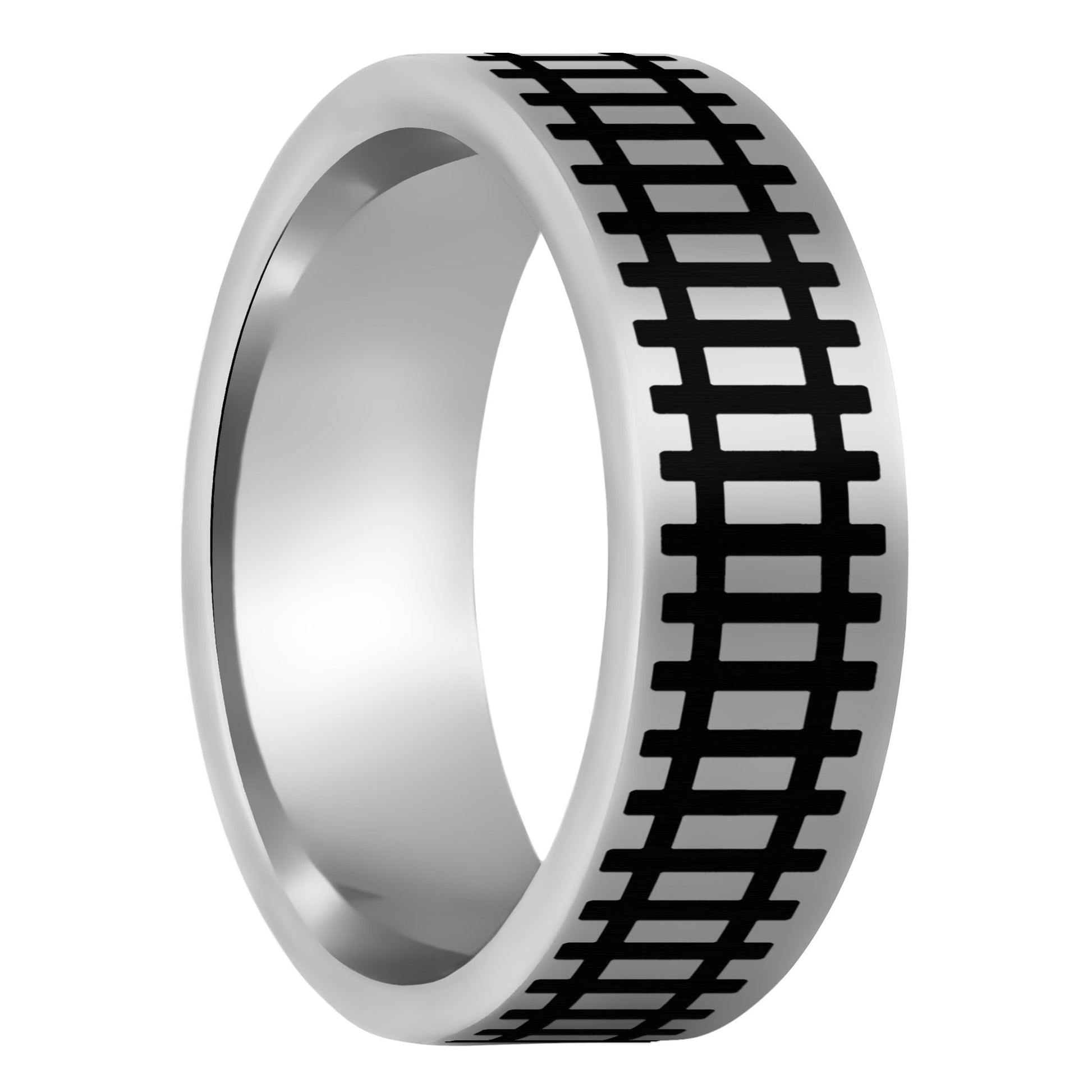 One Railroad Tracks Tungsten Men's Wedding Band displayed on a plain white background