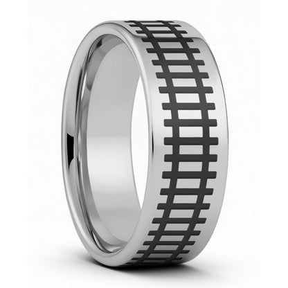 One Railroad Tracks Tungsten Men's Wedding Band displayed on a plain white background