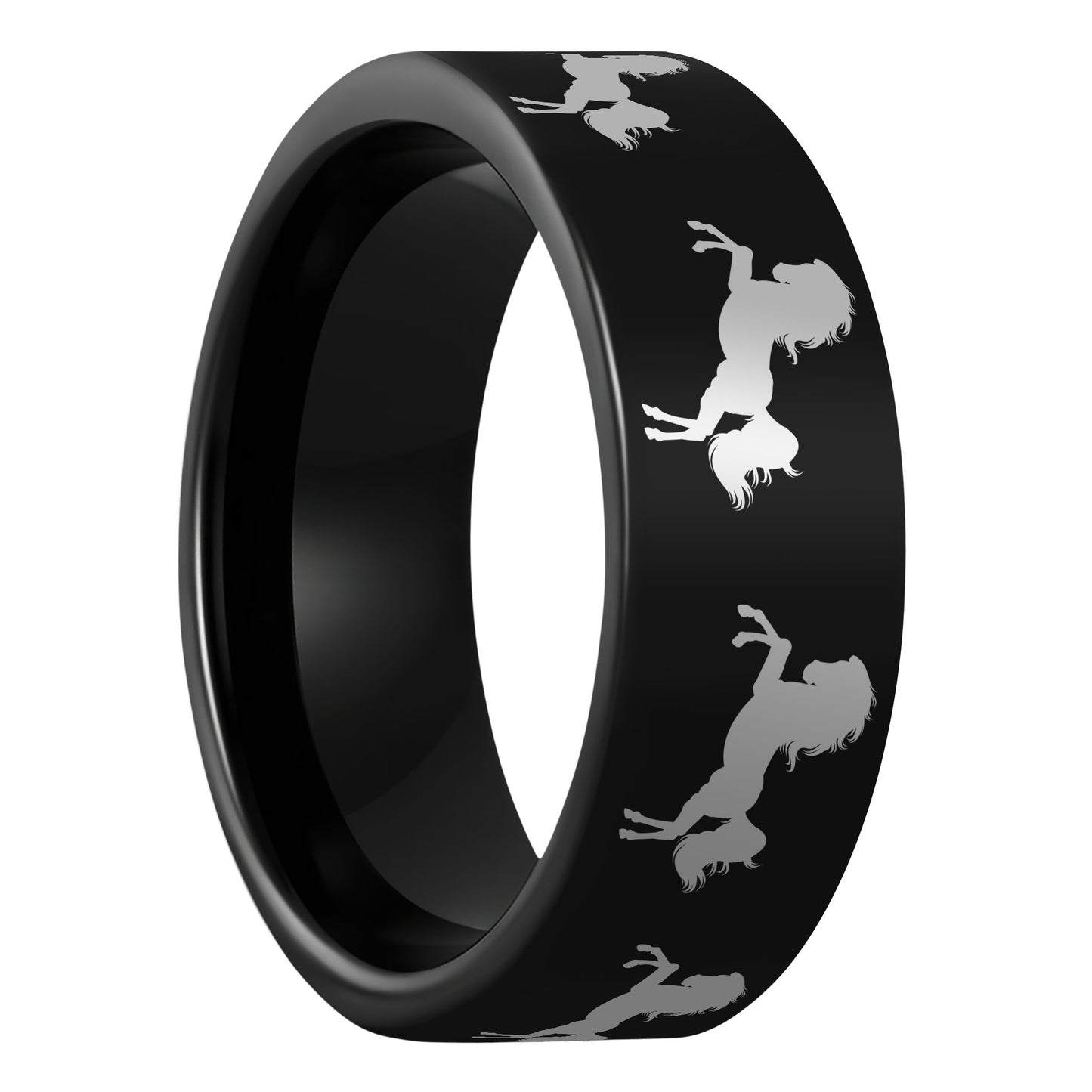 One Rearing Horse Black Tungsten Men's Wedding Band displayed on a plain white background