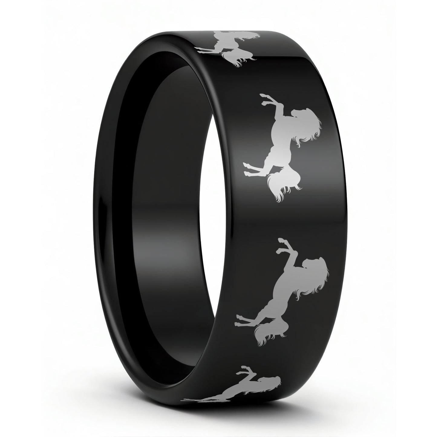 One Rearing Horse Black Tungsten Men's Wedding Band displayed on a plain white background