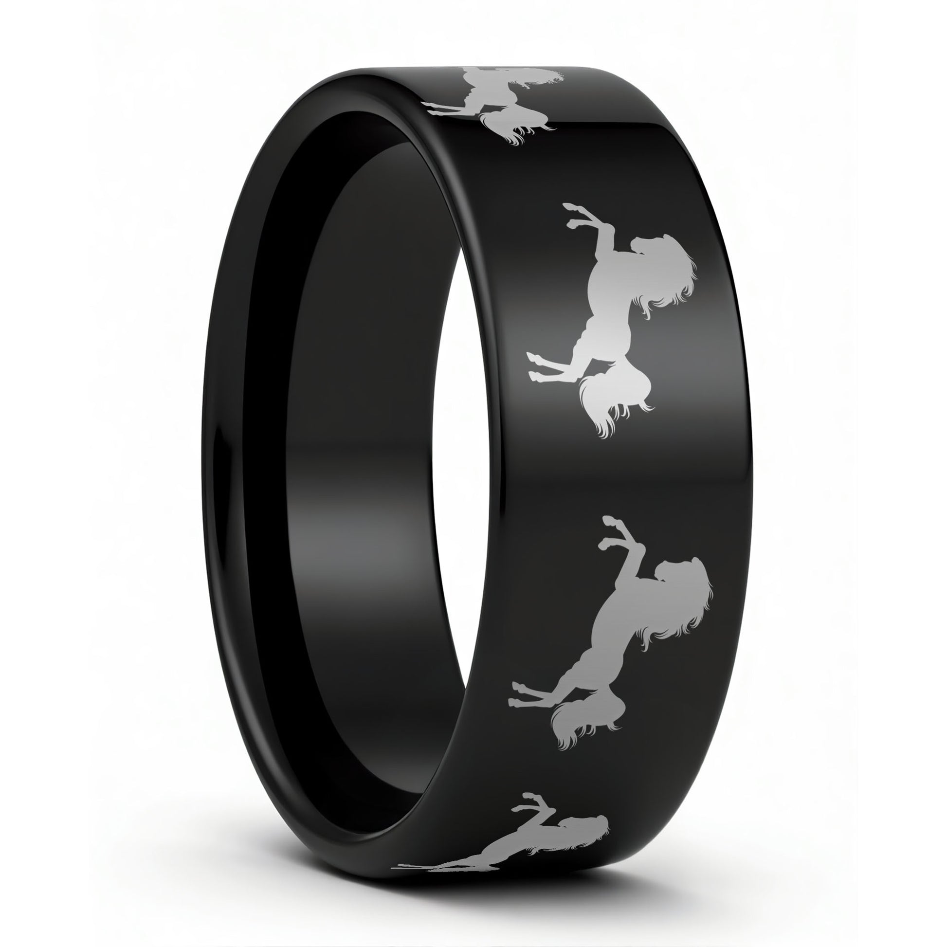 One Rearing Horse Black Tungsten Men's Wedding Band displayed on a plain white background