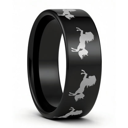 One Rearing Horse Black Tungsten Men's Wedding Band displayed on a plain white background