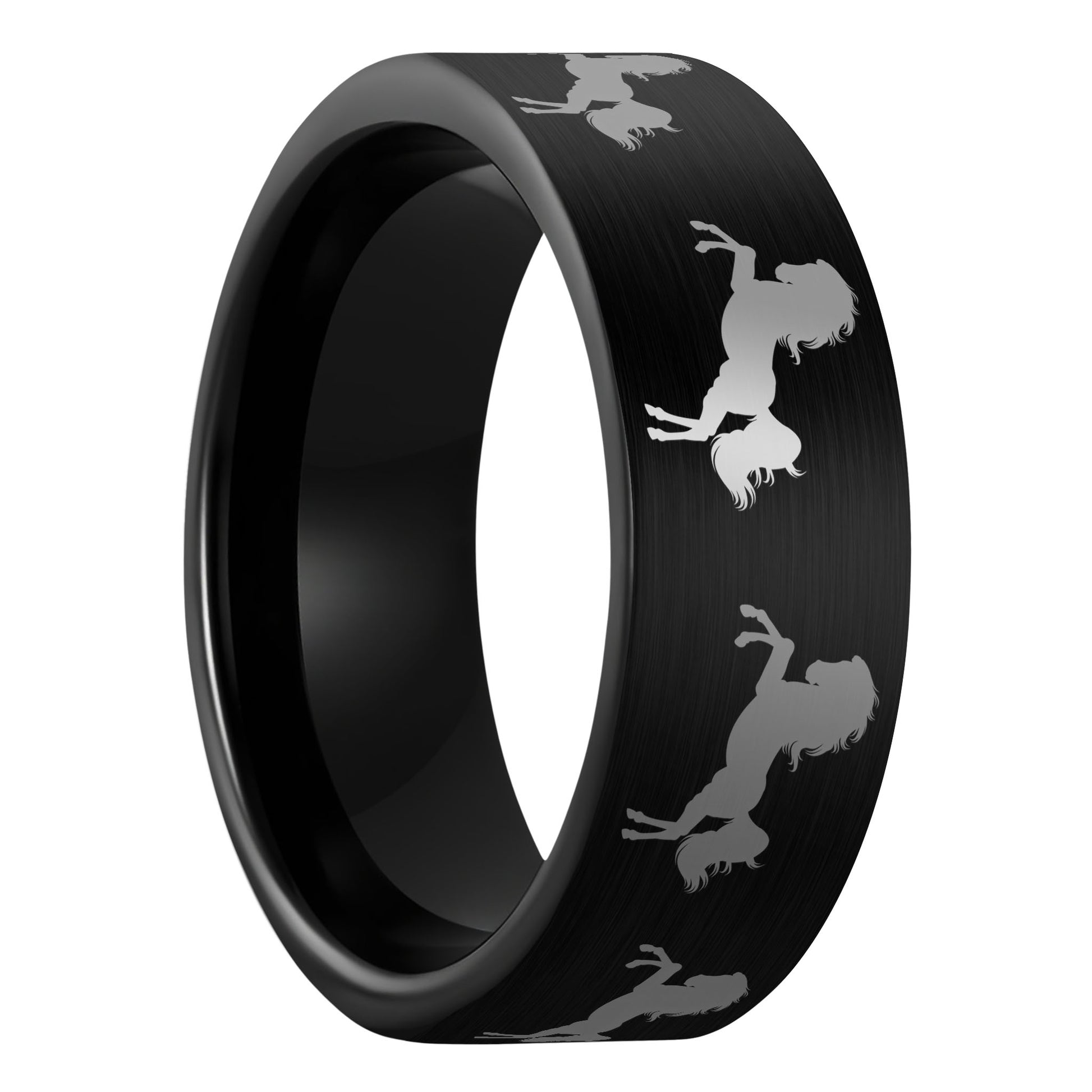 A rearing horse brushed black tungsten men's wedding band displayed on a plain white background.