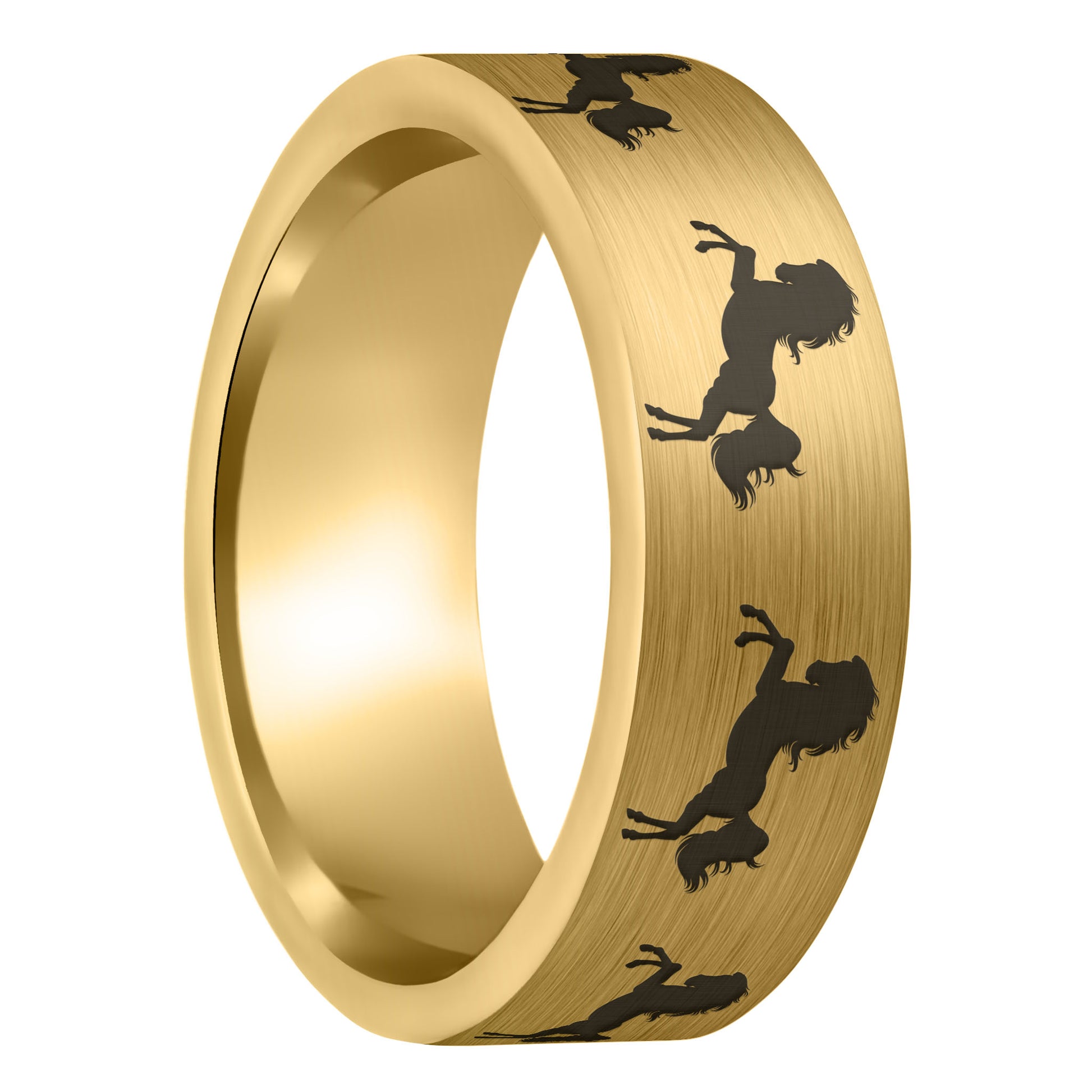 A rearing horse brushed gold tungsten men's wedding band displayed on a plain white background.