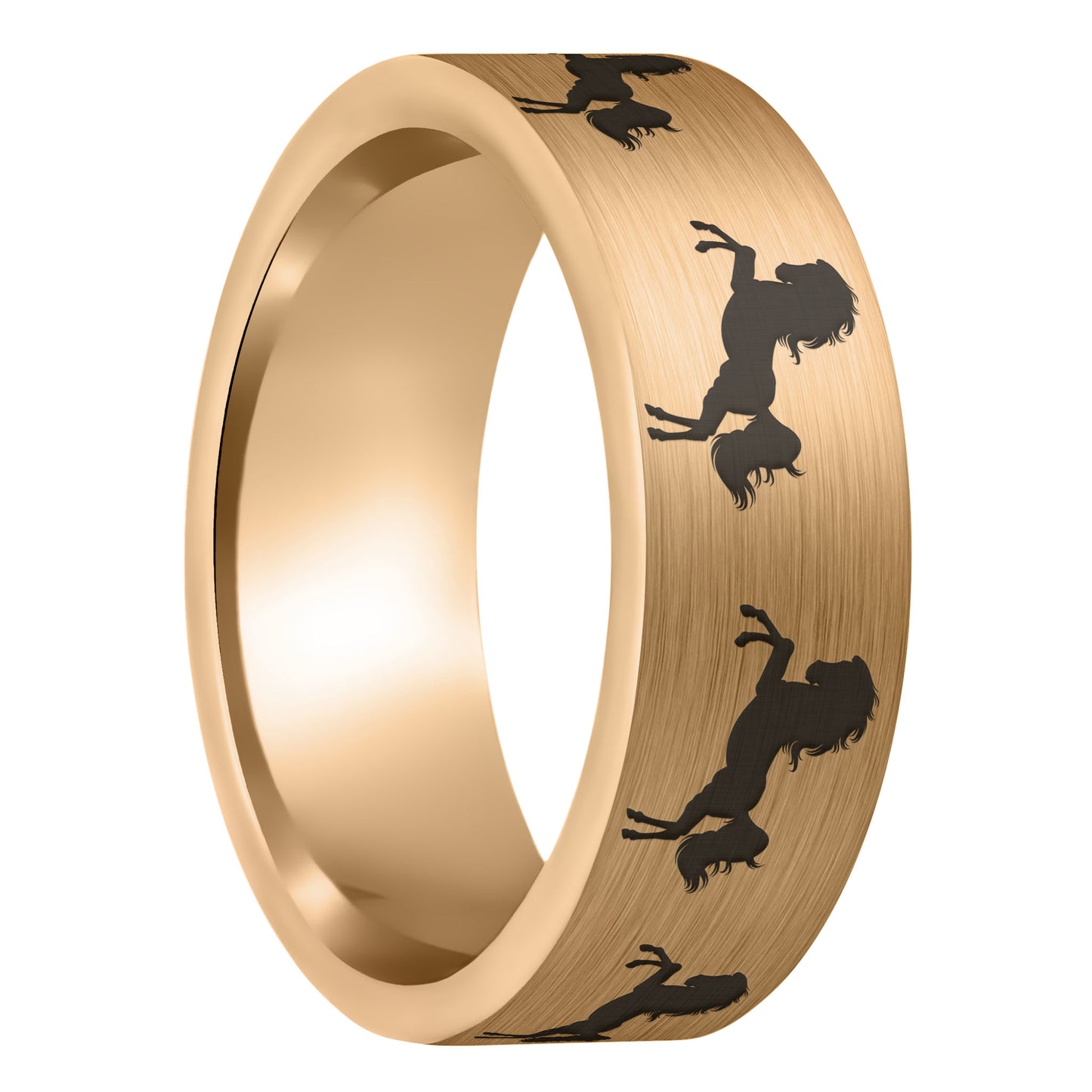 A rearing horse brushed rose gold tungsten men's wedding band displayed on a plain white background.