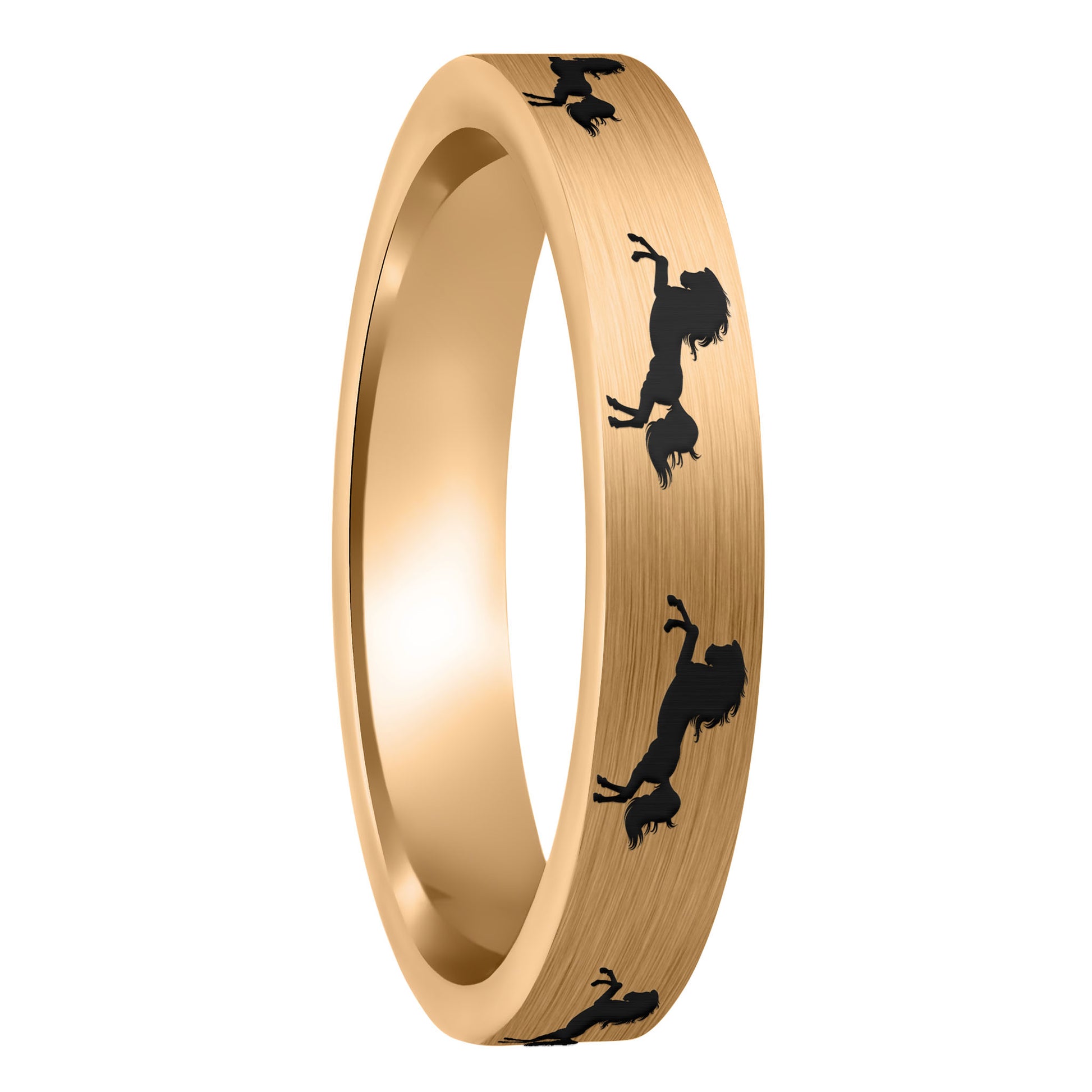 A rearing horse brushed rose gold tungsten women's wedding band displayed on a plain white background.