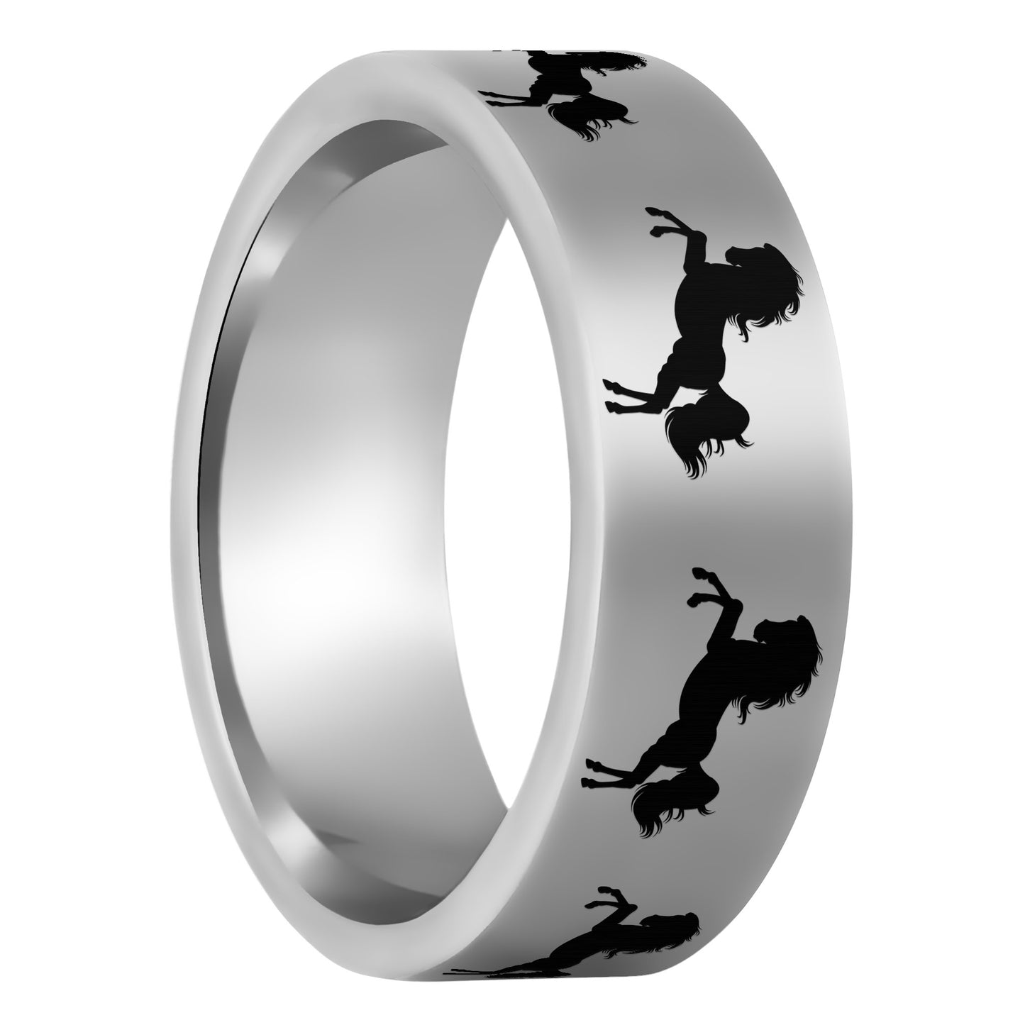 One Rearing Horse Tungsten Men's Wedding Band displayed on a plain white background