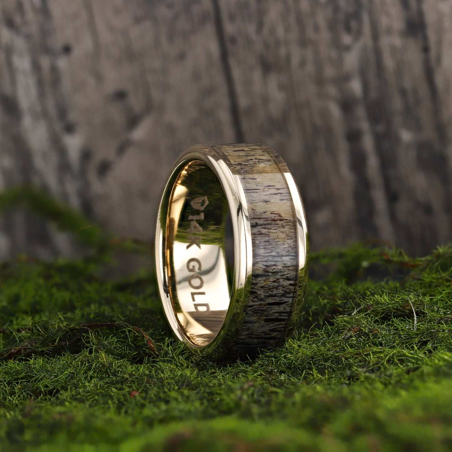 14k Gold Men's Wedding Band with Dark Deer Antler Inlay