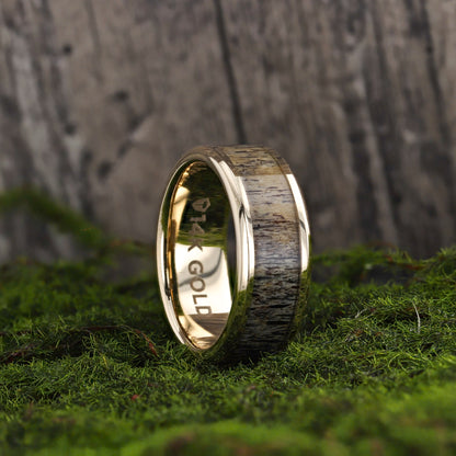 14k Gold Men's Wedding Band with Dark Deer Antler Inlay