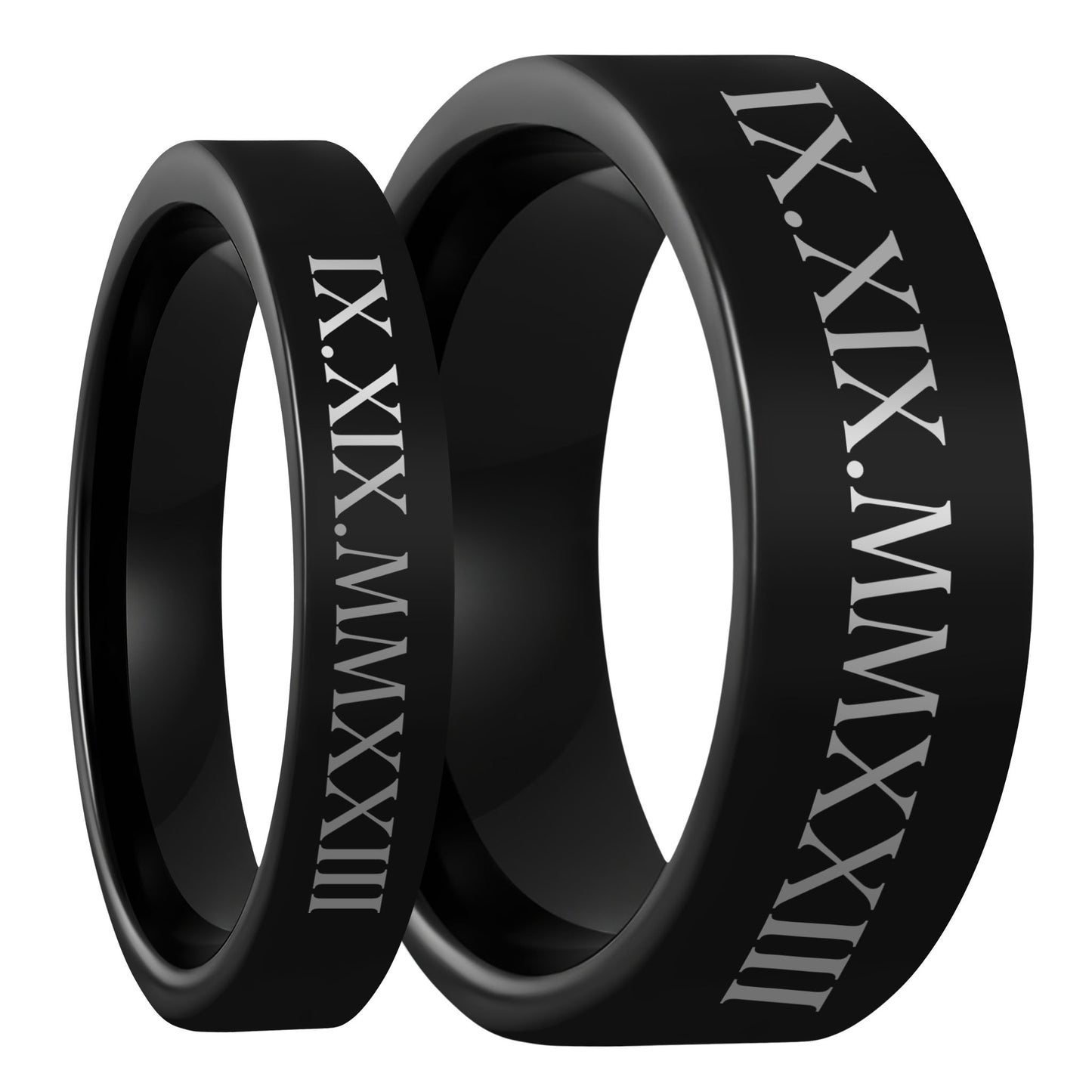 One Roman Numeral Date Black Tungsten Couple's Matching Wedding Band Set displayed on a plain white background
