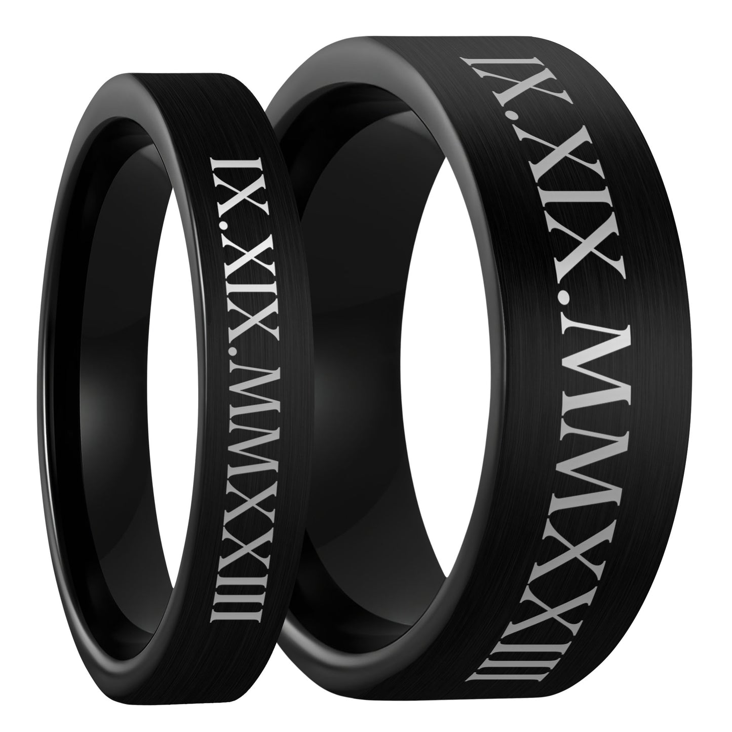 Roman Numeral Date Brushed Black Tungsten Couple's Matching Wedding Band Set