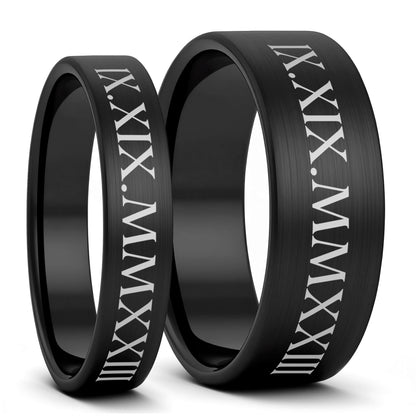Custom Roman Numeral Date Brushed Tungsten Couple's Matching Wedding Band Set