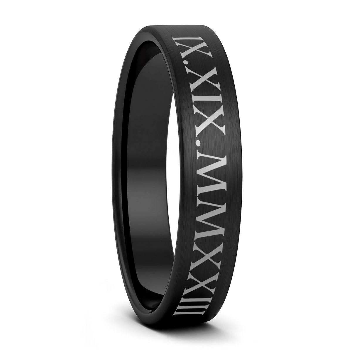 A roman numeral date brushed black tungsten women's wedding band displayed on a plain white background.