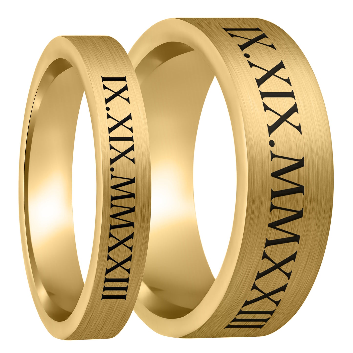Roman Numeral Date Brushed Gold Tungsten Couple's Matching Wedding Band Set