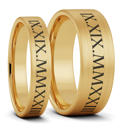 Custom Roman Numeral Date Brushed Tungsten Couple's Matching Wedding Band Set