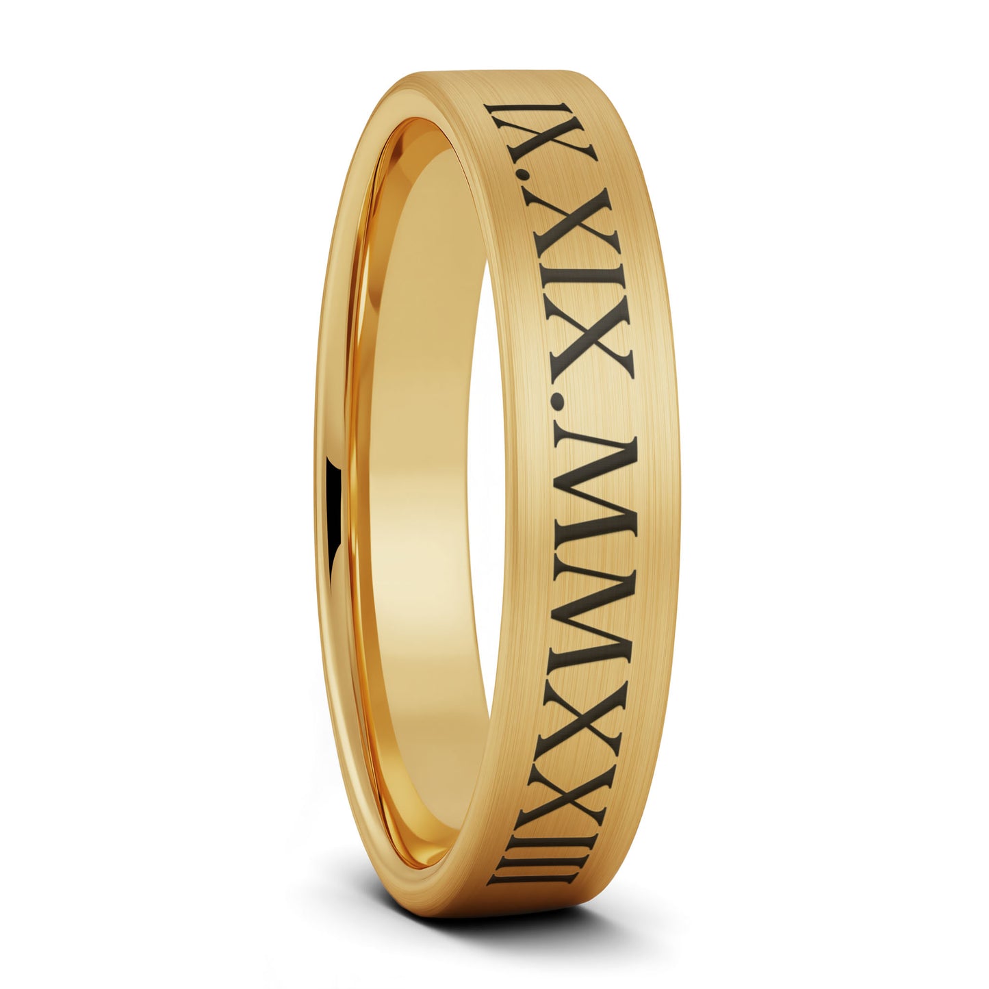 A roman numeral date brushed gold tungsten women's wedding band displayed on a plain white background.
